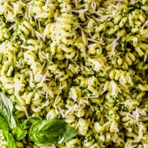 Basil pesto pasta topped with parmesan and fresh basil.