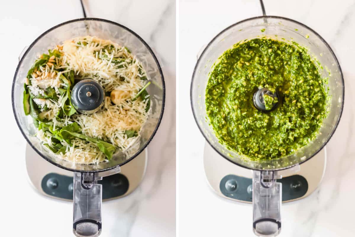 Ingredients for basil pesto in a food processor and the blended pesto in the food processor.