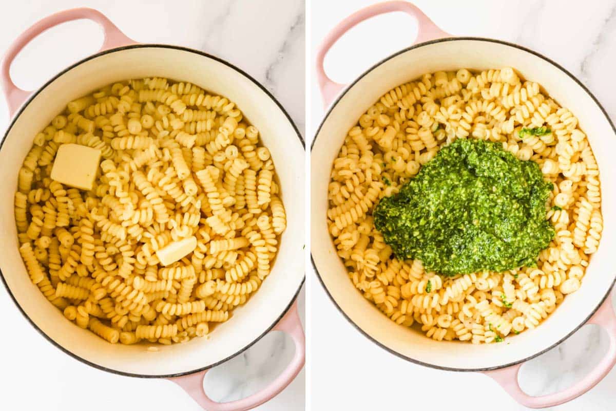 Cooked pasta in a pot with butter on the left and pesto on top of the buttered pasta on the right.