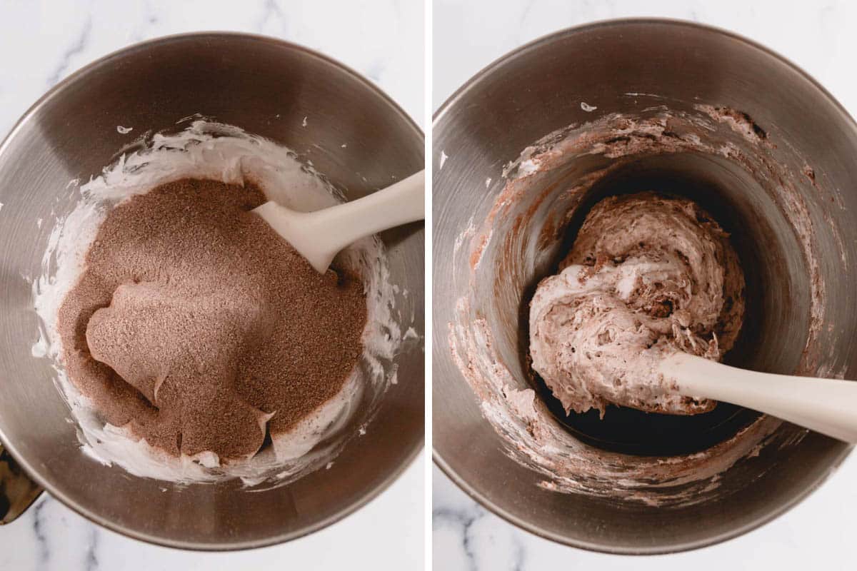 Side by side images of dry ingredients sifted into the meringue and being mixed.