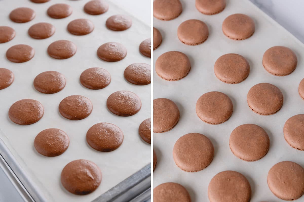 Side by side images of raw and baked chocolate macaron shells on a baking sheet.