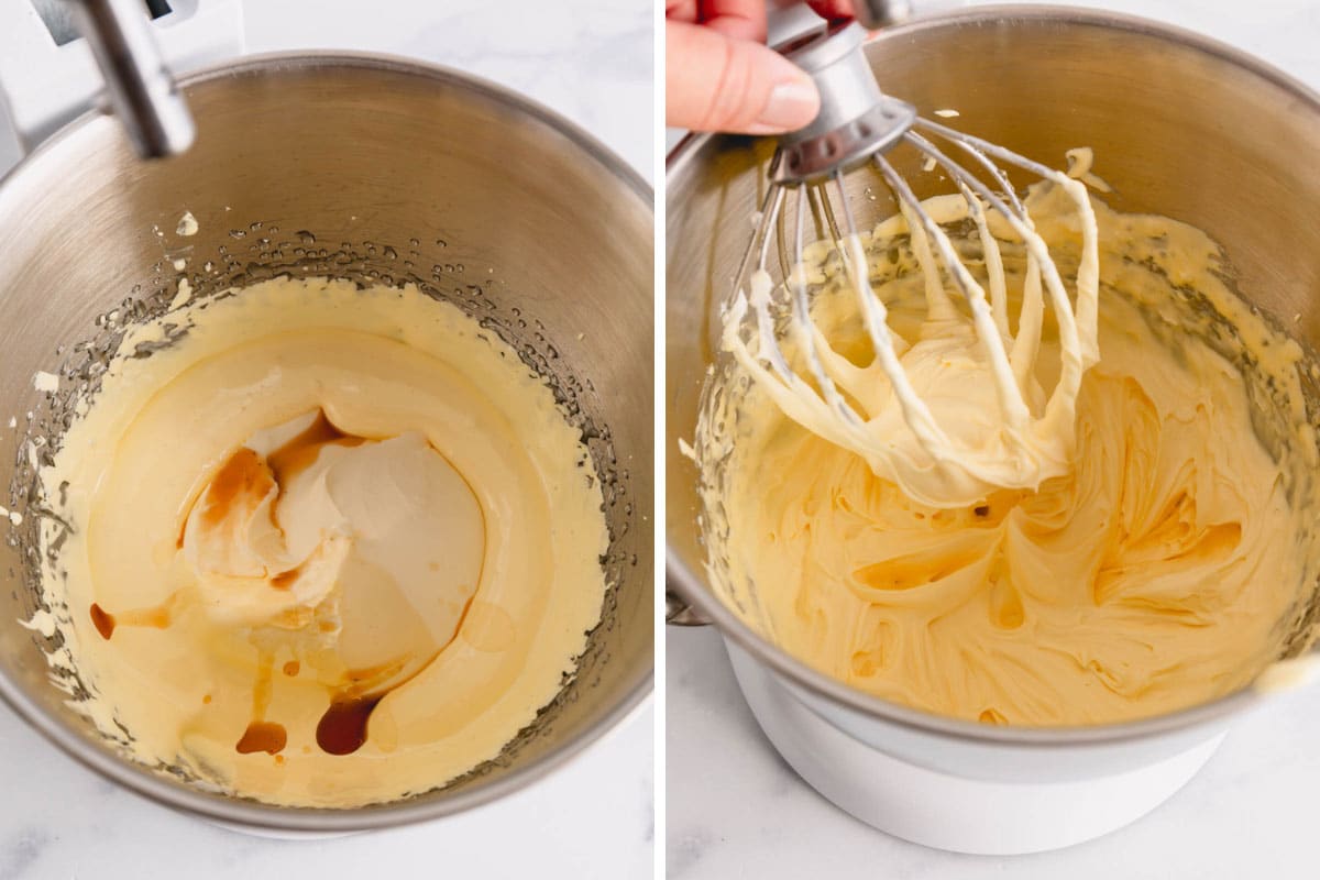 Vanilla extract being added to a bowl of tiramisu filling and whipped tiramisu filling.