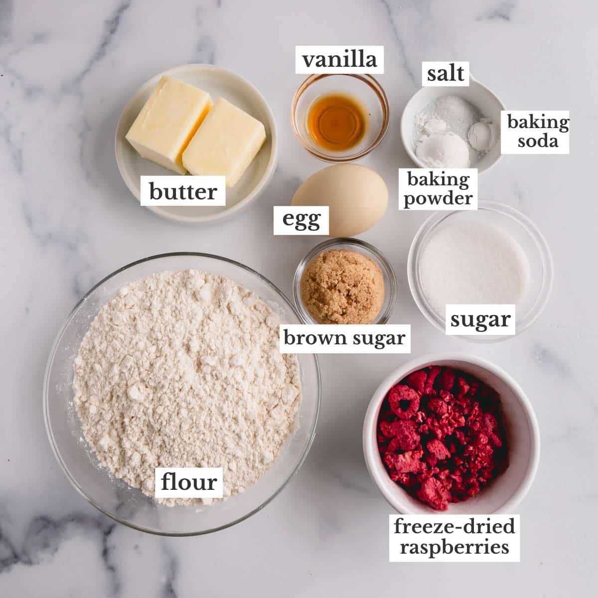 Ingredients to make raspberry sugar cookies.