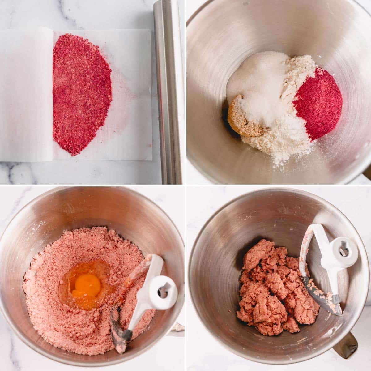 The process of making raspberry sugar cookie dough.