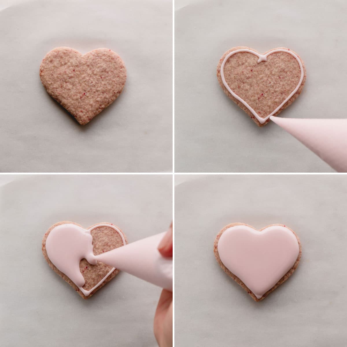 The process of lining and flooding a heart-shaped raspberry sugar cookie with pink royal icing.