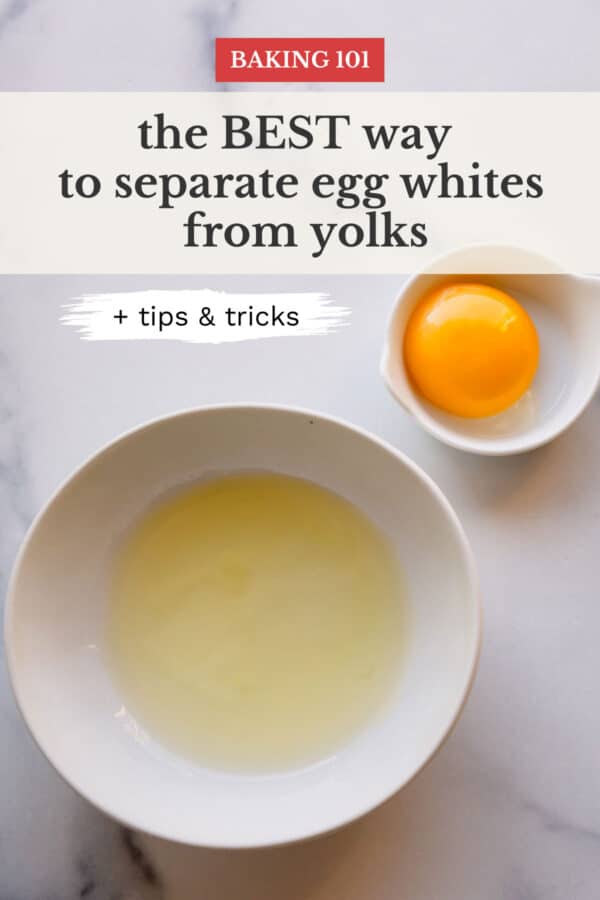 A medium bowl with egg white and a small bowl of egg yolk.