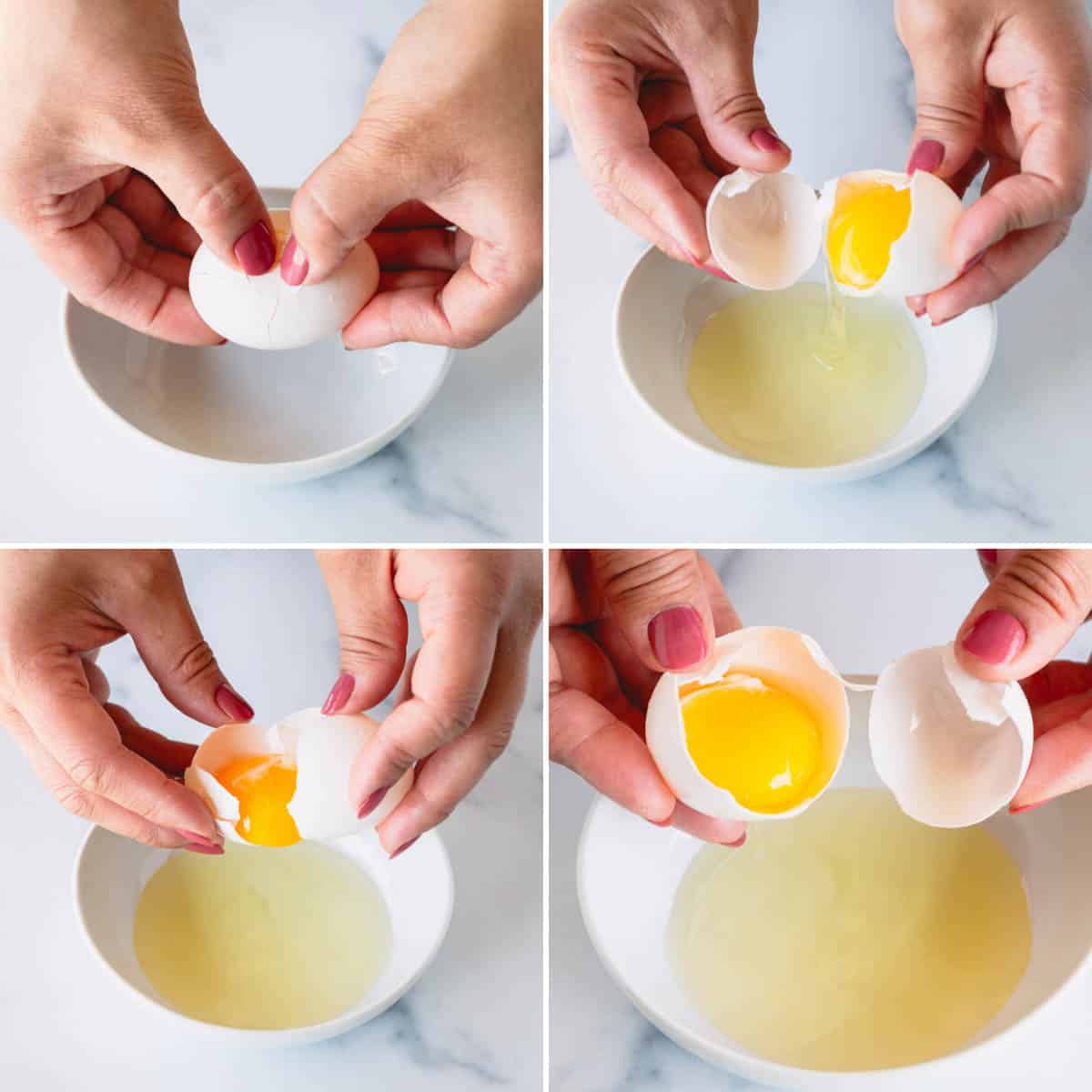 4 step by step images of separting egg yolk from the egg whites.