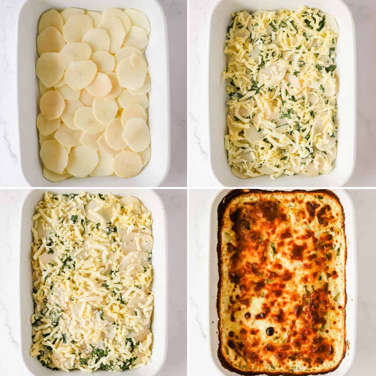 Four images showing the process of creating cheesy scalloped potatoes.