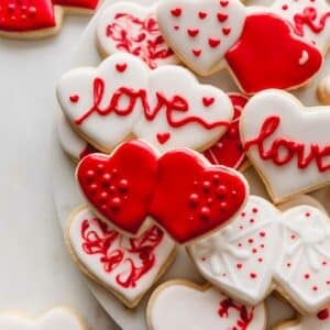 Valentine's Day sugar cookies with red and white icing.