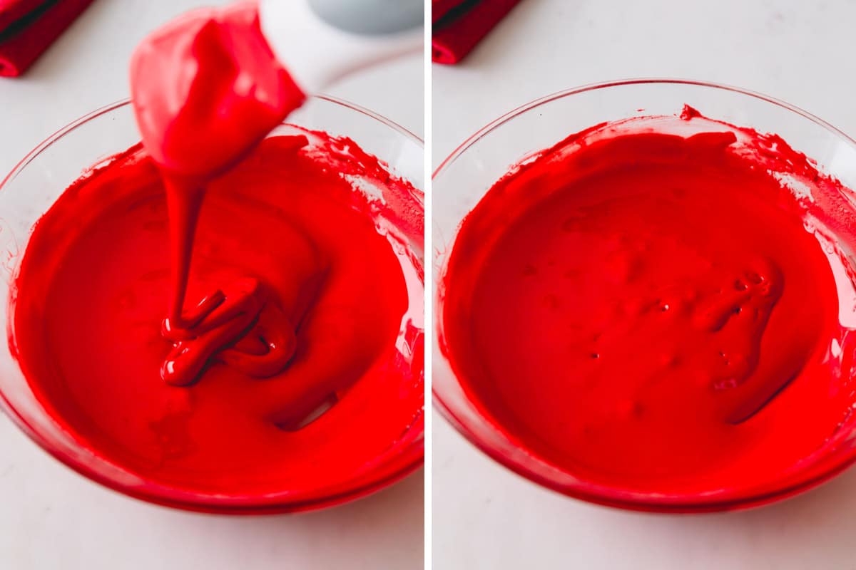 Two images showing a bowl of bright red royal icing.