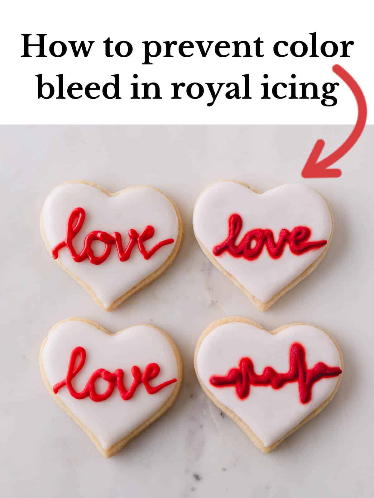 A picture reading, "how to prevent color bleed in royal icing" showing iced cookies.