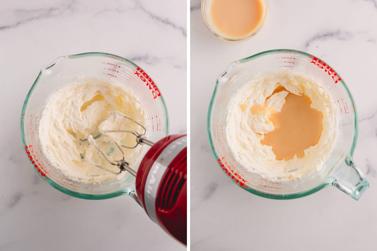Two images showing the process of whipping butter and adding sweetened condensed milk.