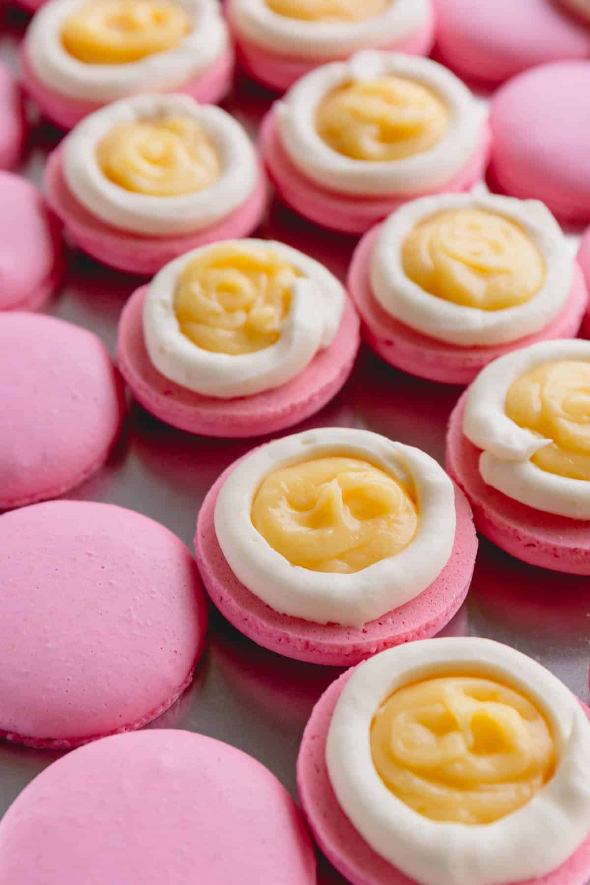 Pink french macaron shells with a ring of white ganache and pineapple curd in the center.