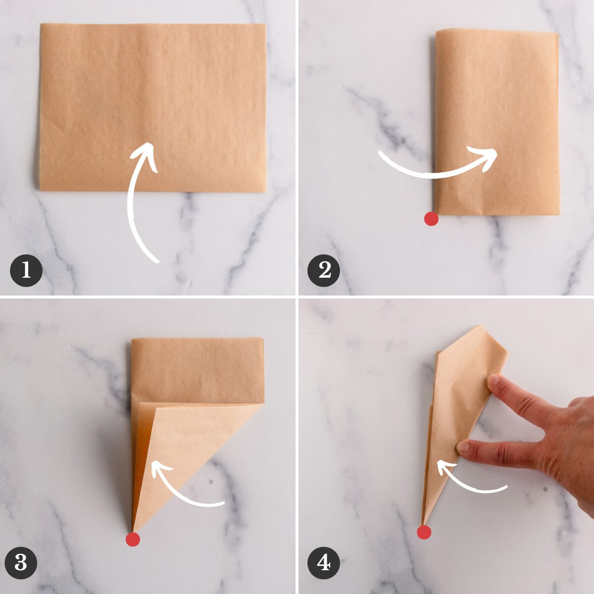 4-image collage of folding a sheet of parchment paper into a 3-layer triangle.