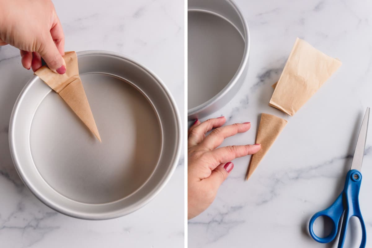 Side by side image of measuring the diameter of the cake pan with the parchment traingle.