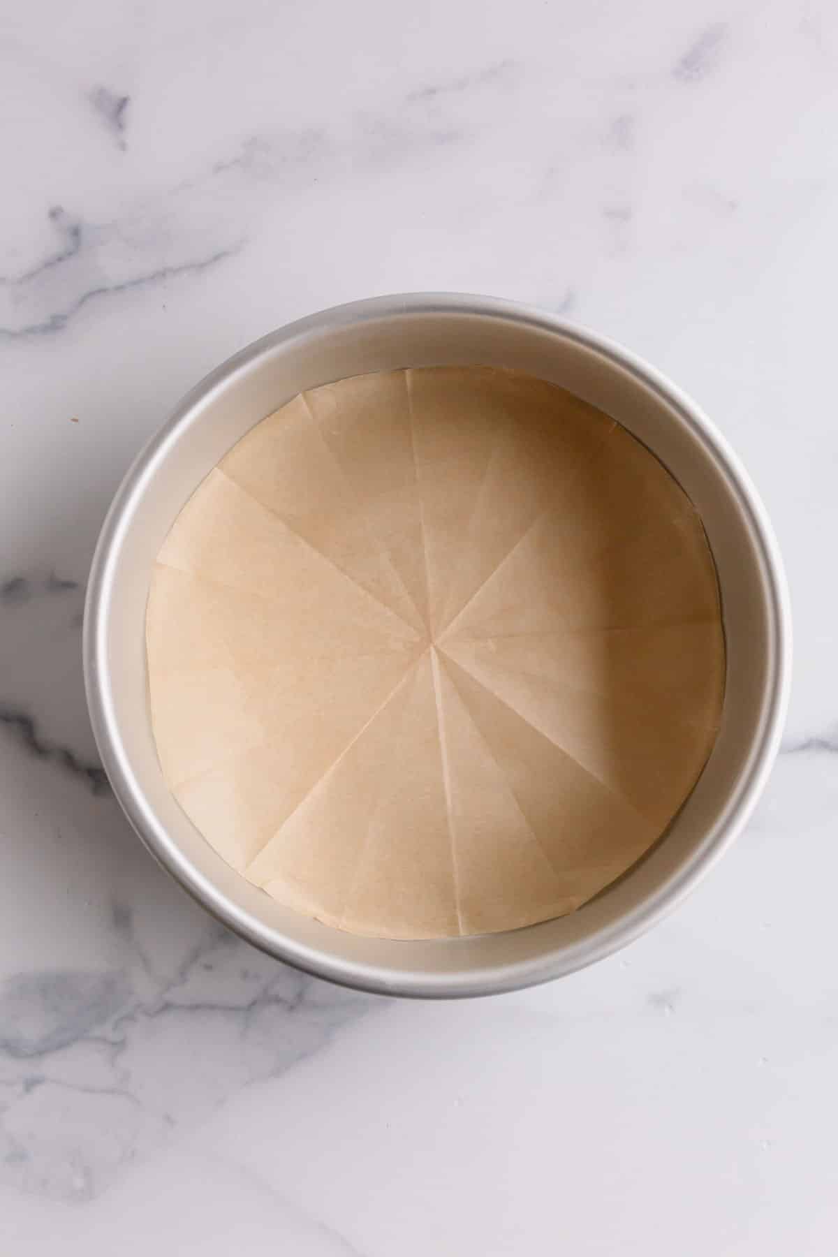 a round cake pan lined with parchment paper.