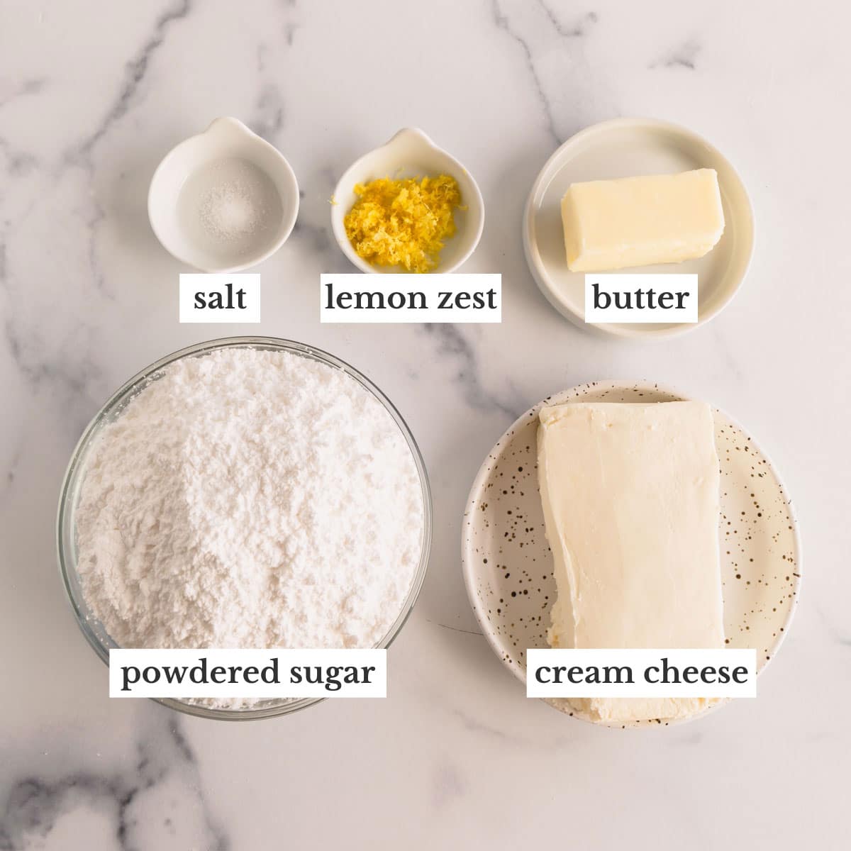 Ingredients to make lemon cream cheese frosting.