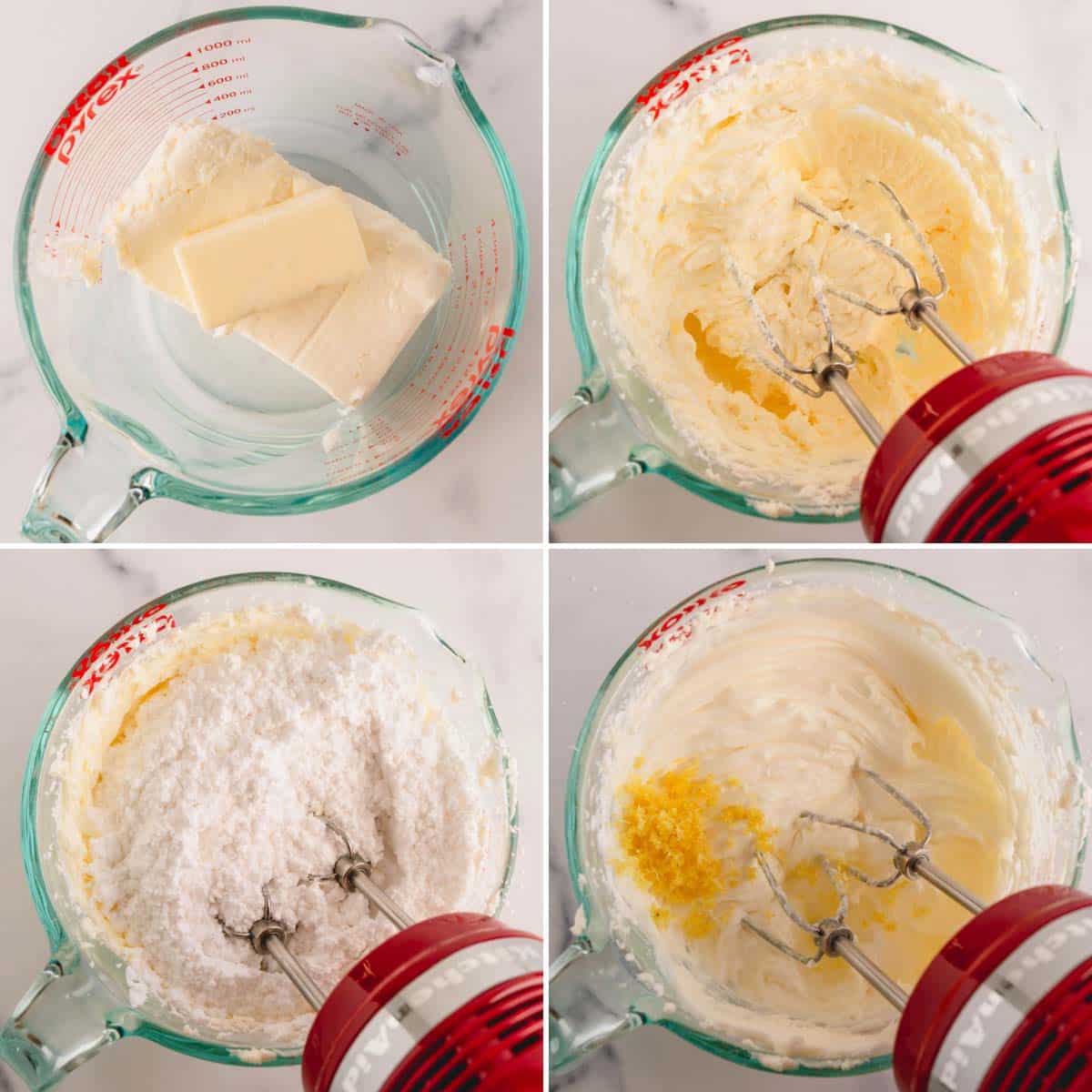 Four images showing the process of beating ingredients to make lemon cream cheese frosting.