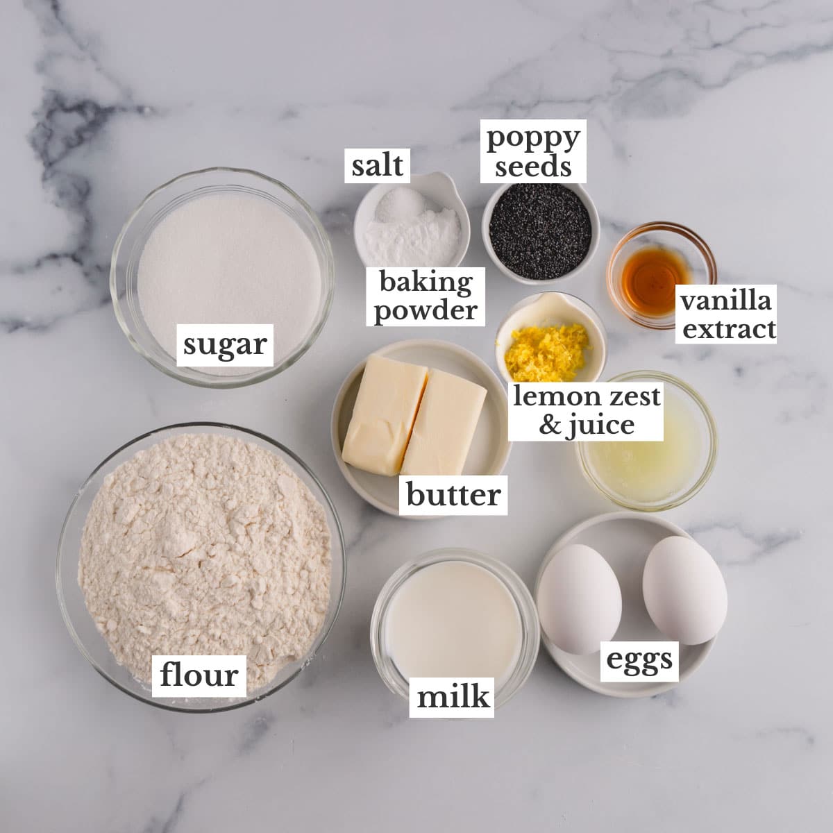 Ingredients to make homemade lemon poppy seed muffins.