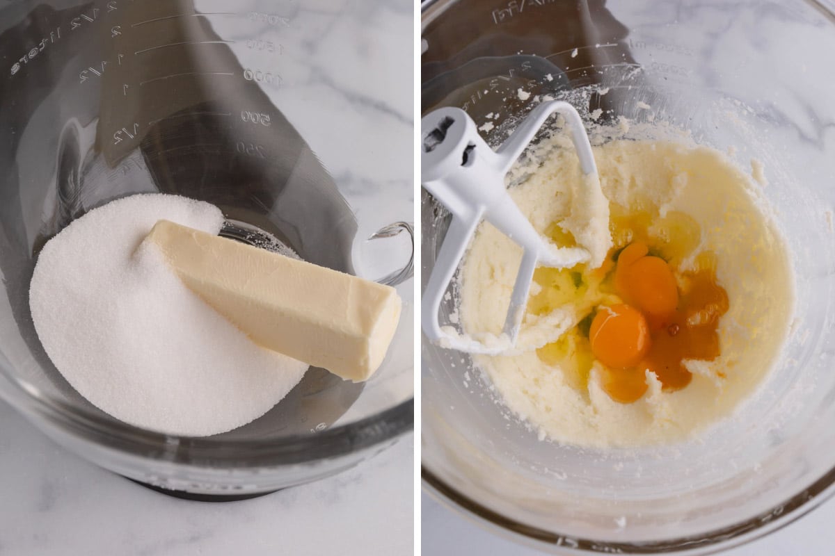 Butter and sugar in a mixing bowl and eggs being mixed in with a paddle attachment.