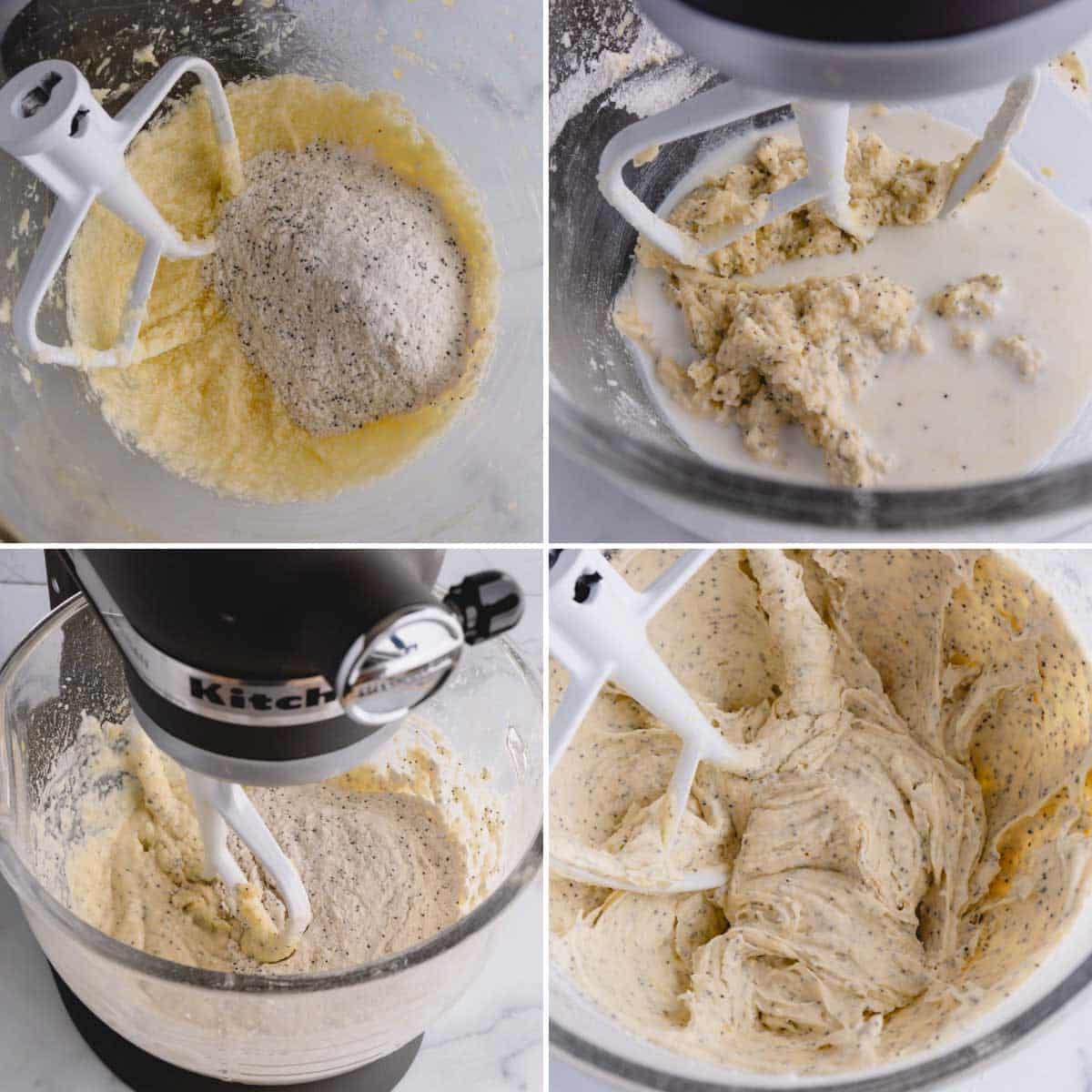 Four images showing the process of making lemon poppy seed muffin batter with a stand mixer.