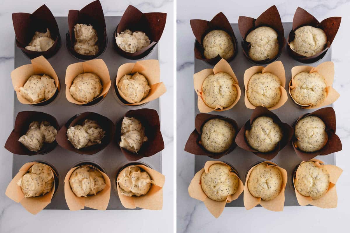 Unbaked lemon poppy seed muffins on the left and the baked muffins on the right.