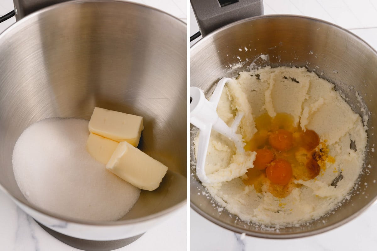 The process of creaming butter and beating eggs for cake batter.
