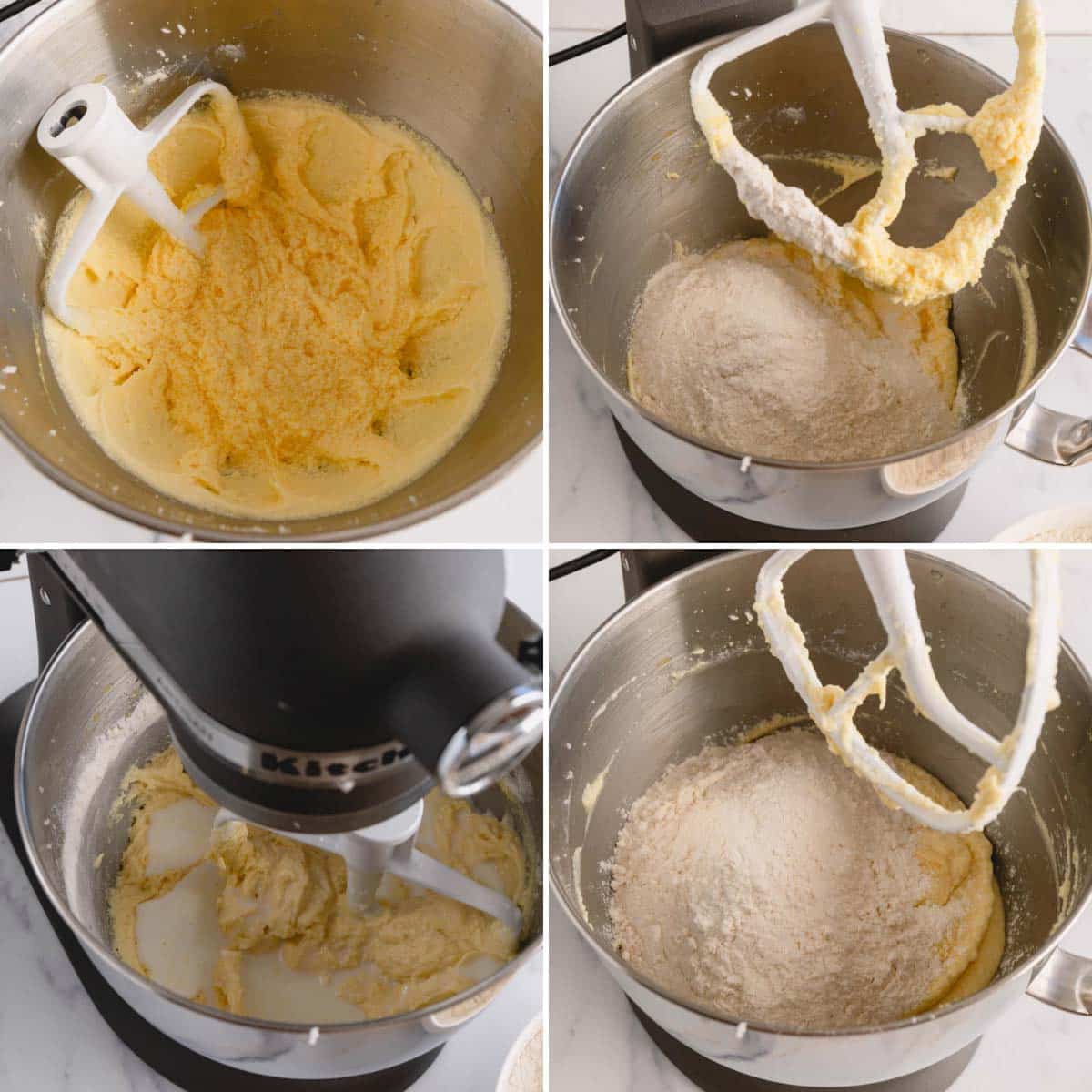 Four images showing the process of combining wet and dry ingredients for lemon sheet cake.