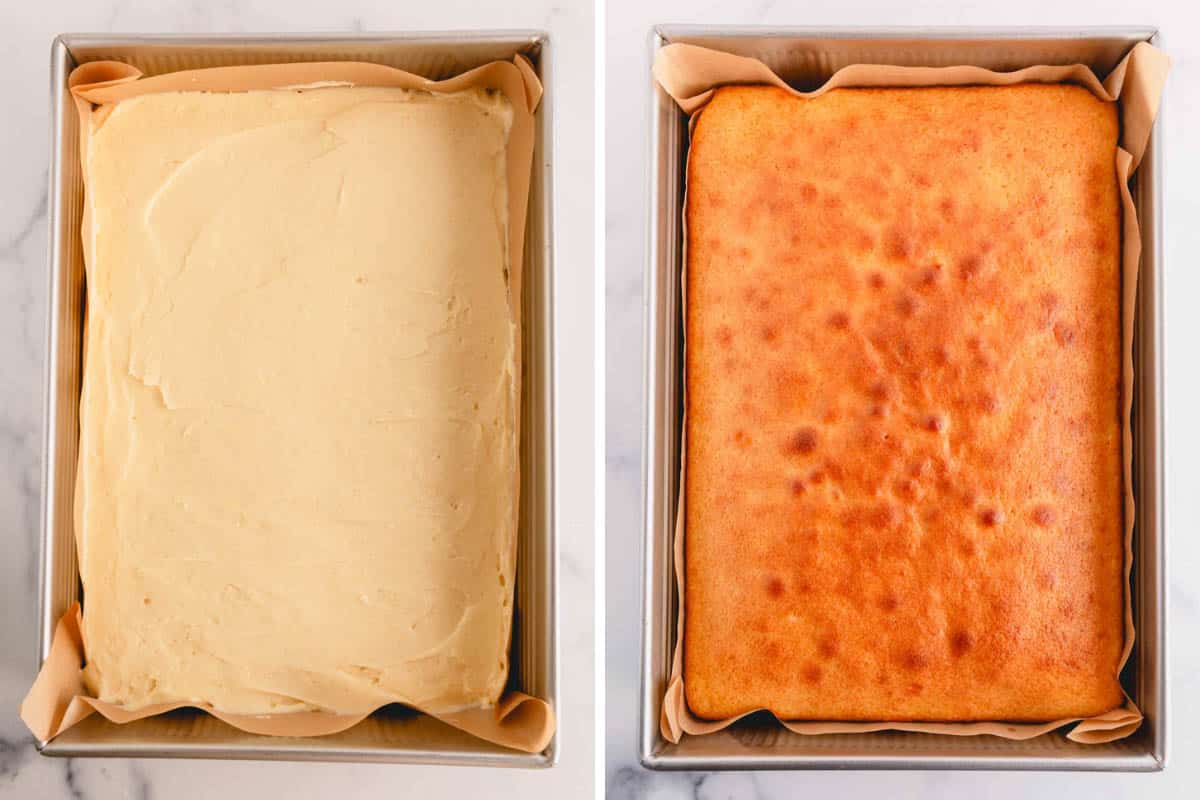 Unbaked lemon sheet cake on the left and baked lemon sheet cake on the right.