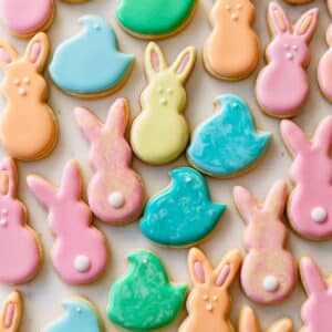 Peep and Easter bunny-shaped decorated Easter sugar cookies.