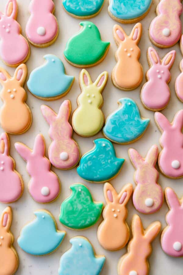 Peep and Easter bunny-shaped decorated Easter sugar cookies.
