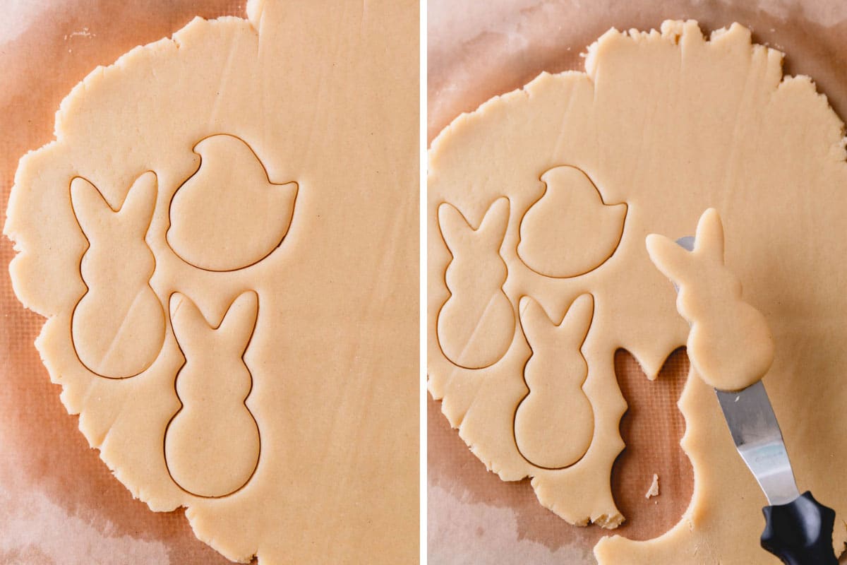 Sugar cookie dough being cut out into Peep and bunny shapes.