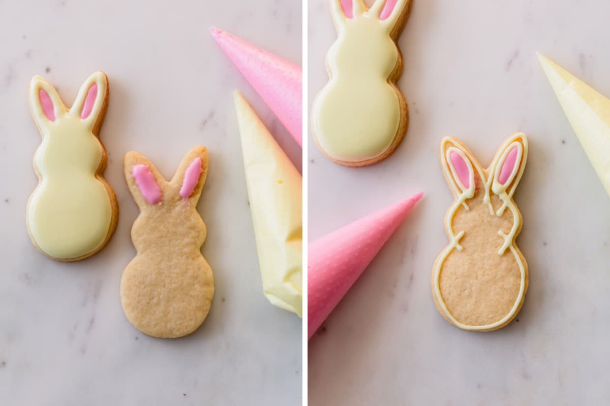 Bunny-shaped Easter sugar cookies being decorated with pink and yellow royal icing.