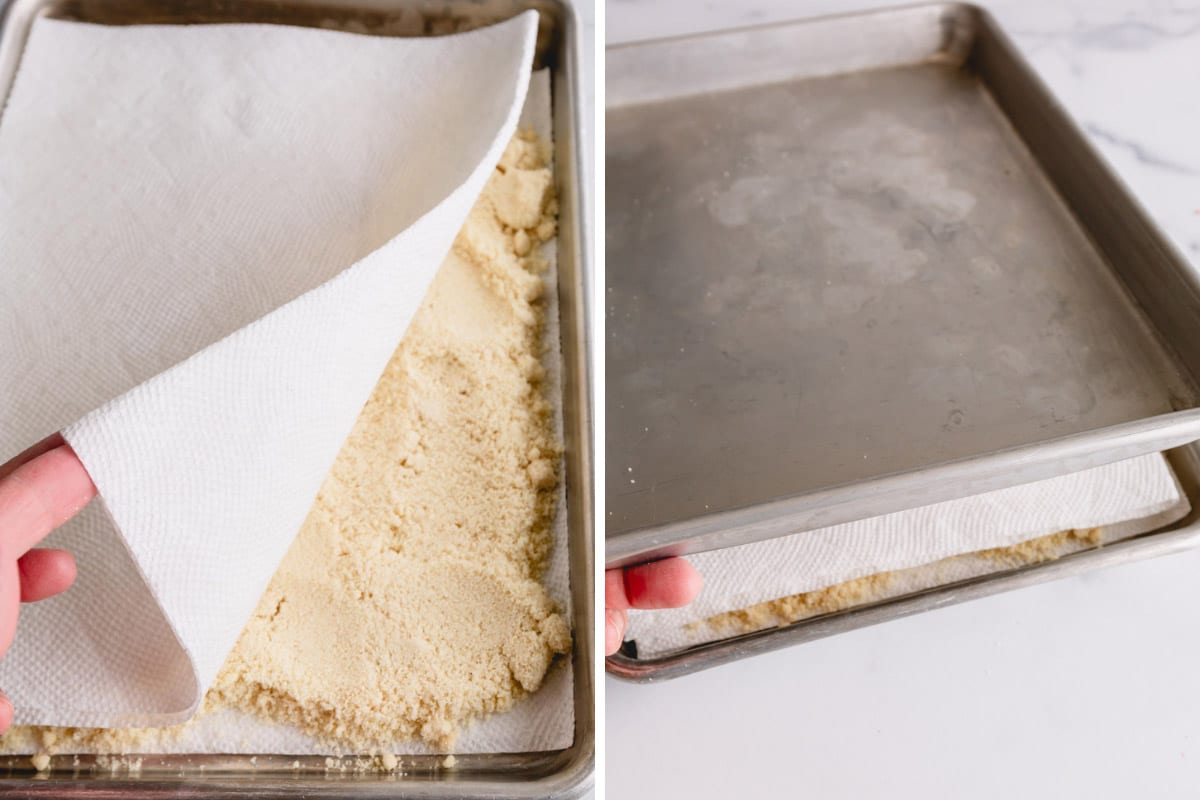 Side by side images of almond flour spread between sheets of paper towel and baking sheets.