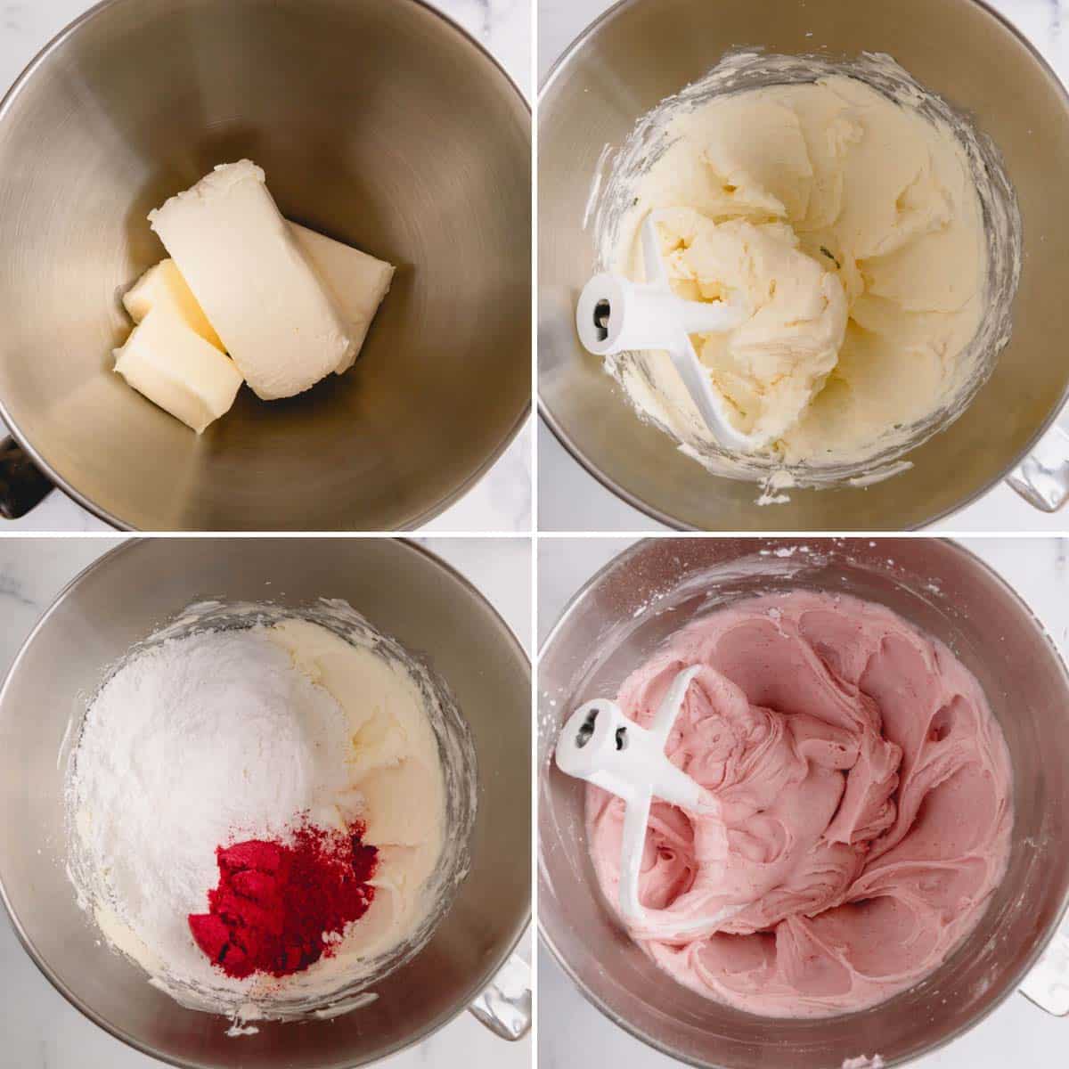Four images showing the process of combining the ingredients for raspberry cream cheese frosting.
