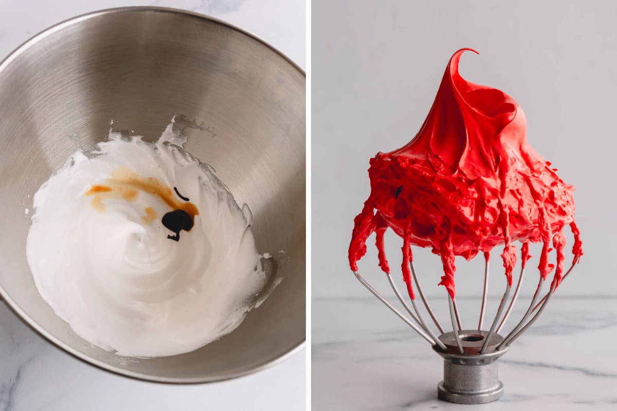 Side by side images of the meringue at soft peak stage vefore adding coloring and at stiff peak stage with red food coloring added.
