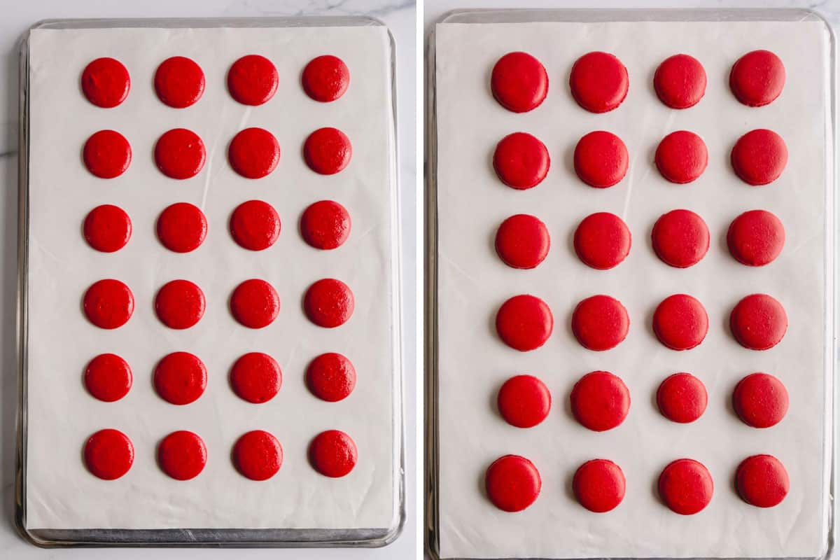 side by side images of piped macaron shells on a baking sheet before and after baking.