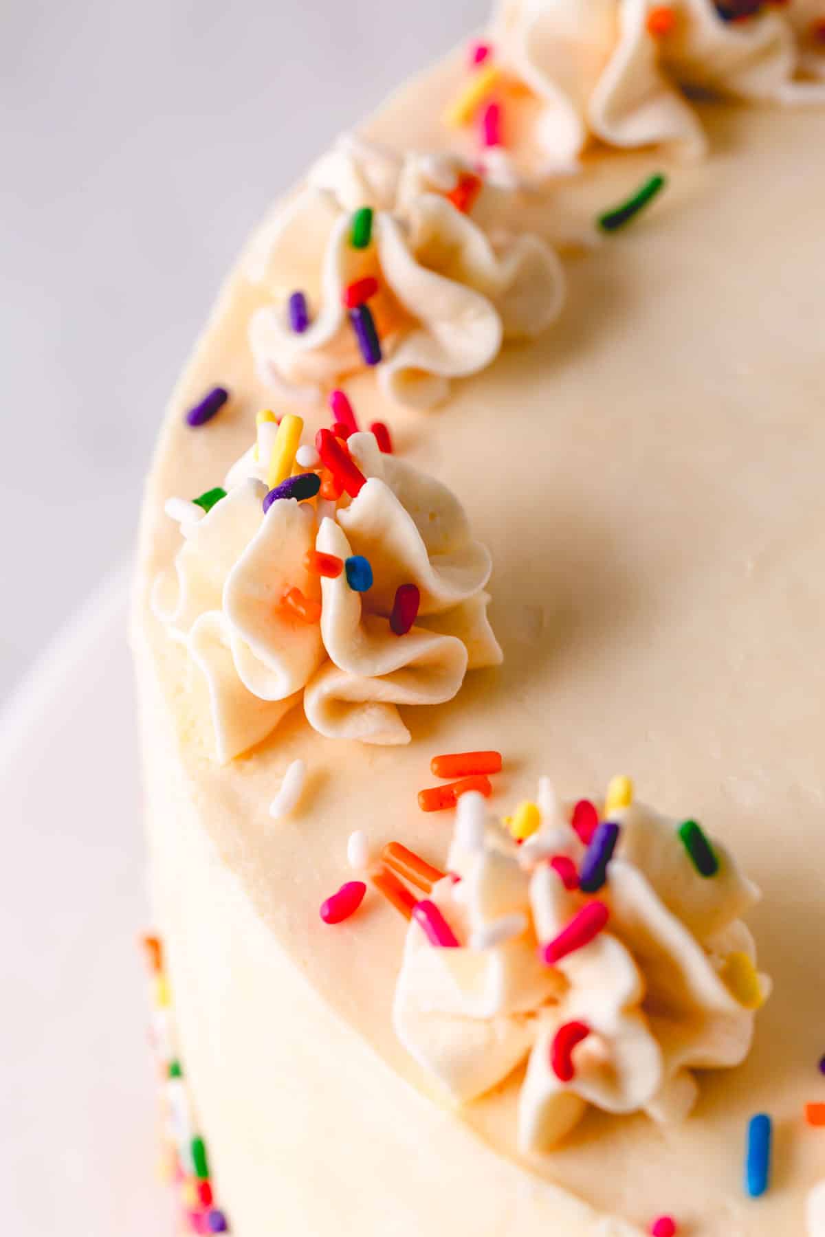A cake decorated with vanilla Russian buttercream and sprinkles.