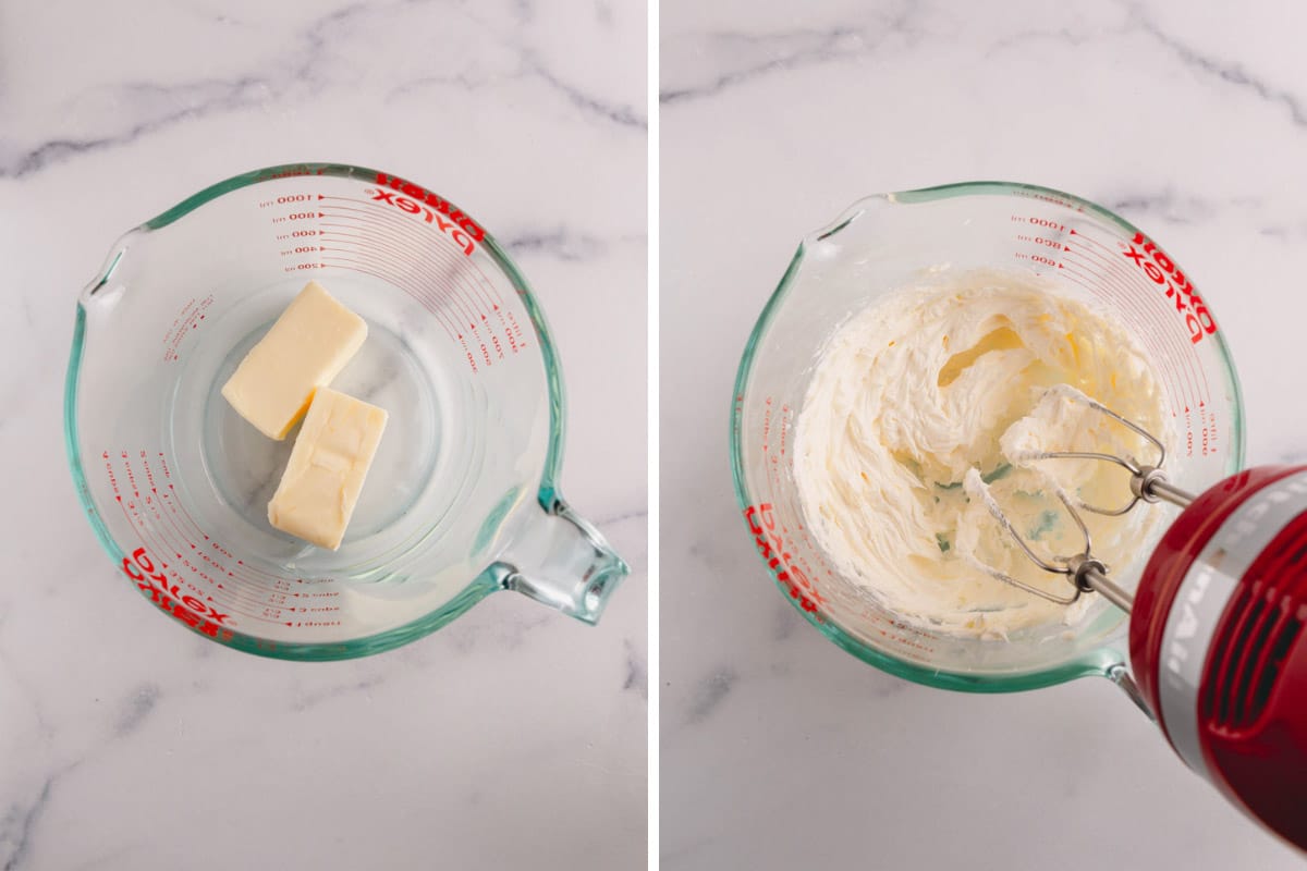 Two images showing the process of whipping butter.