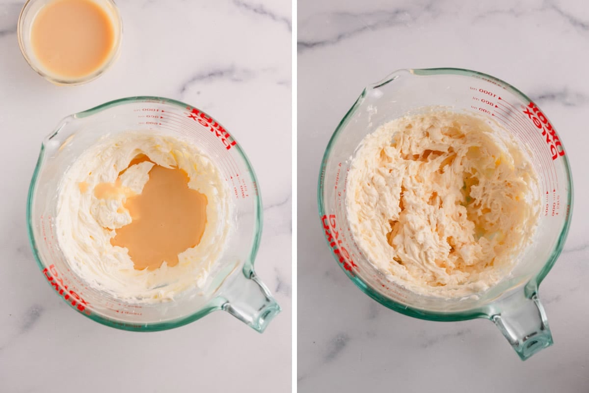 Sweetened condensed milk being added to whipped butter.