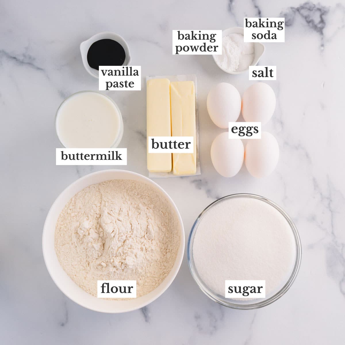 Ingredients to make vanilla bean cake.
