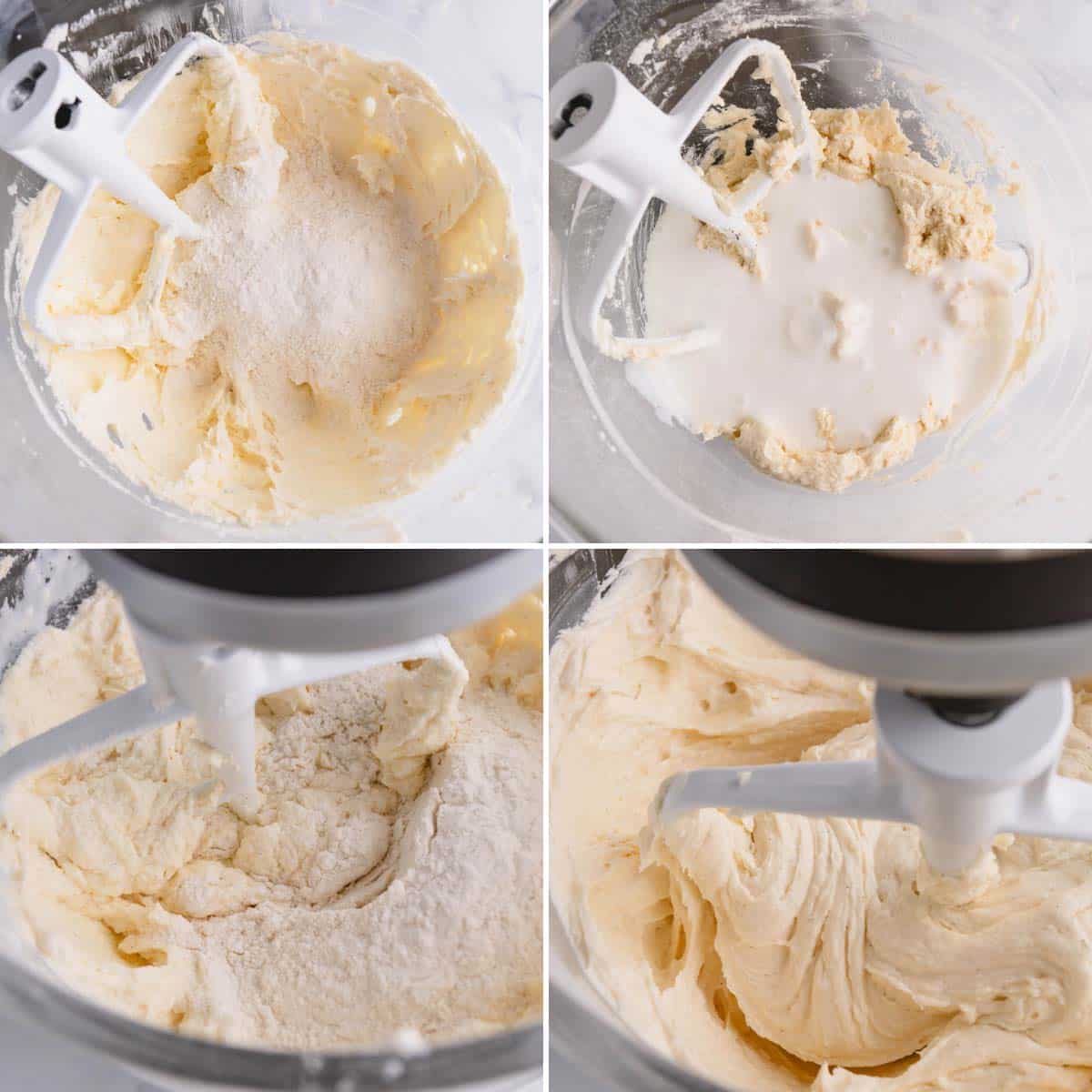 Four images showing the process of making vanilla bean cake batter in a stand mixer.