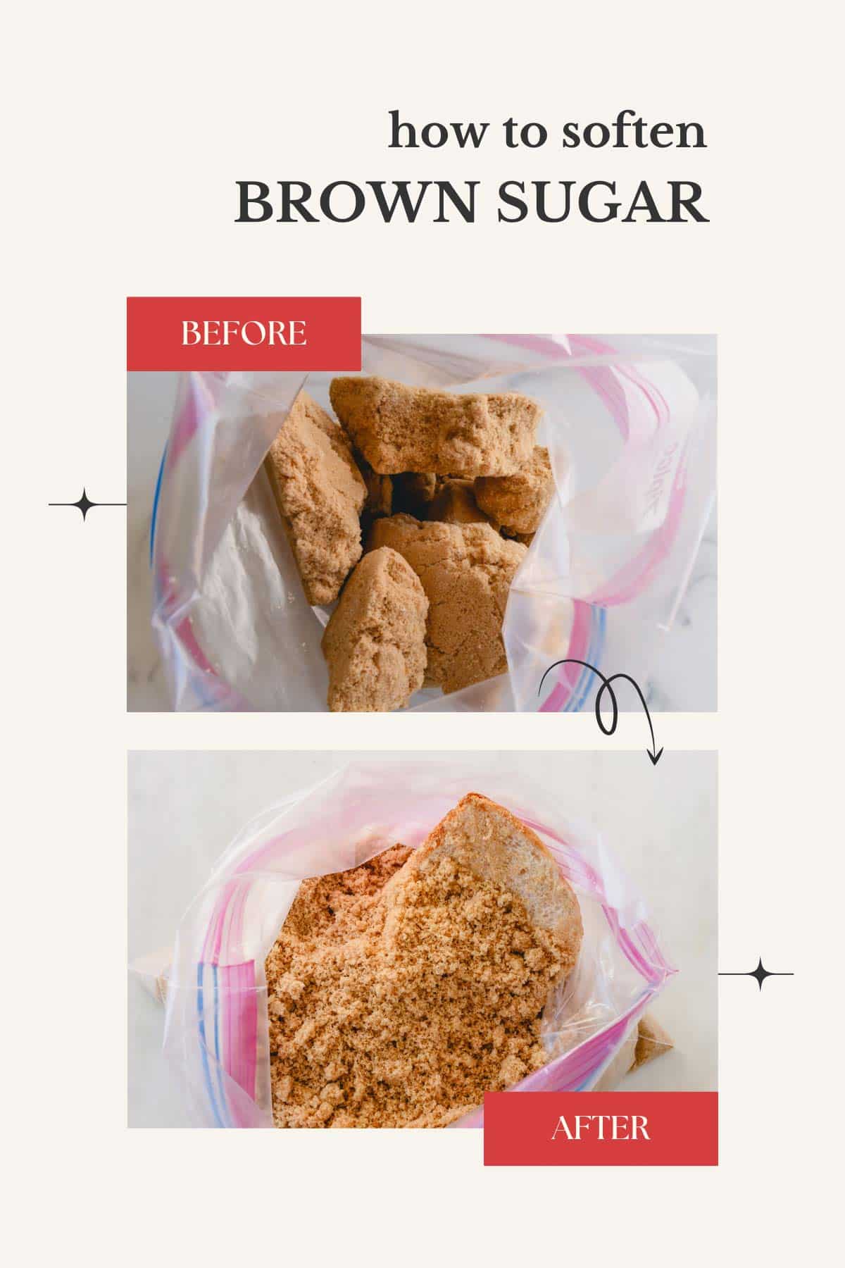 2 images of block of hard brown sugar and softened sand-like brown sugar in a freezer bag.
