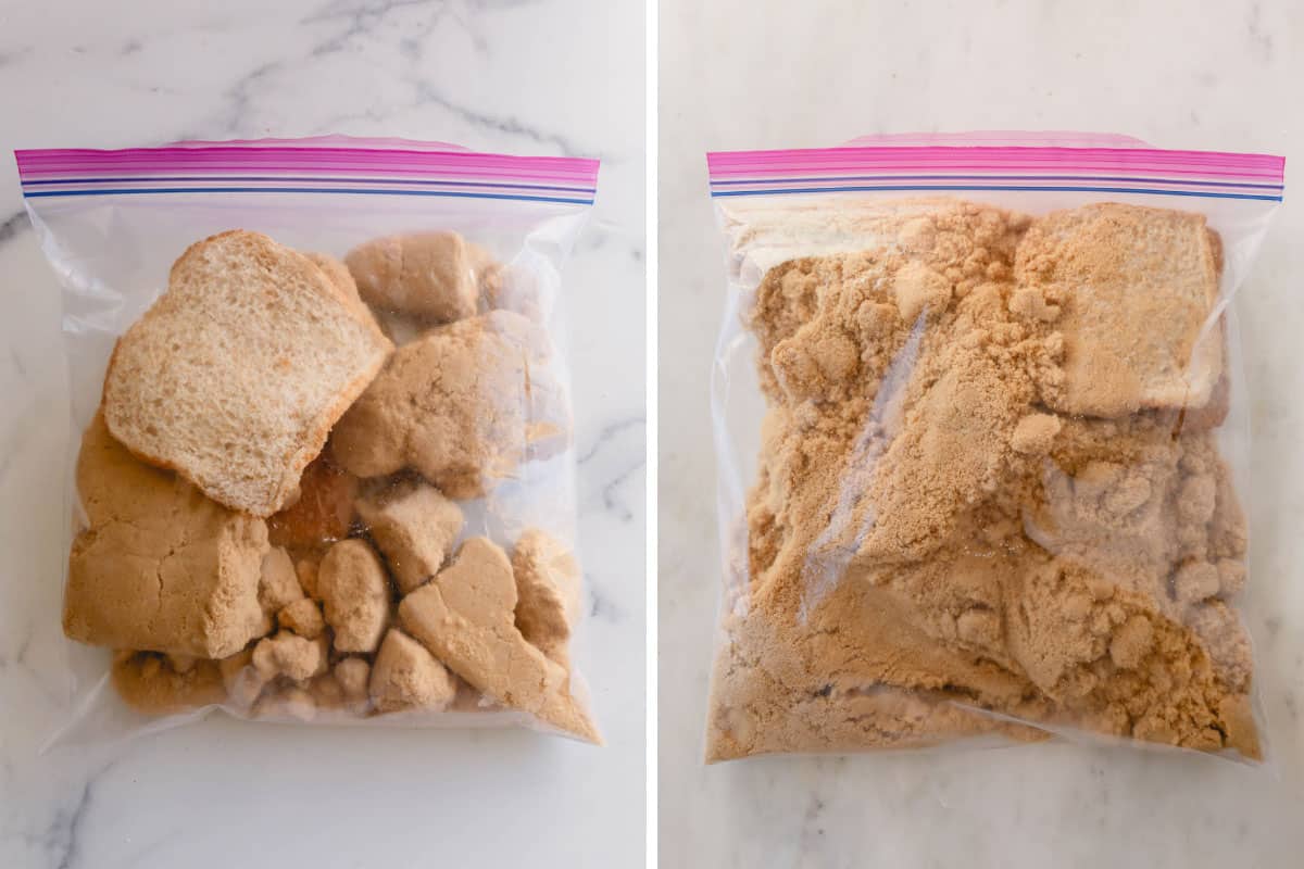 Side by side images of hard and soft brown sugar in a sealed freezer bag.