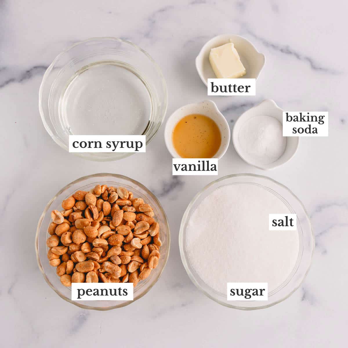 Ingredients to make homemade microwave peanut brittle.