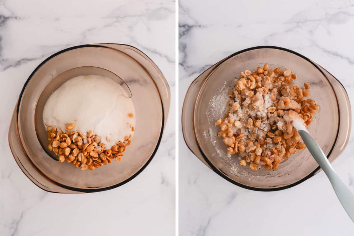 Two images showing peanuts being combined with sugar, salt, and corn syrup.