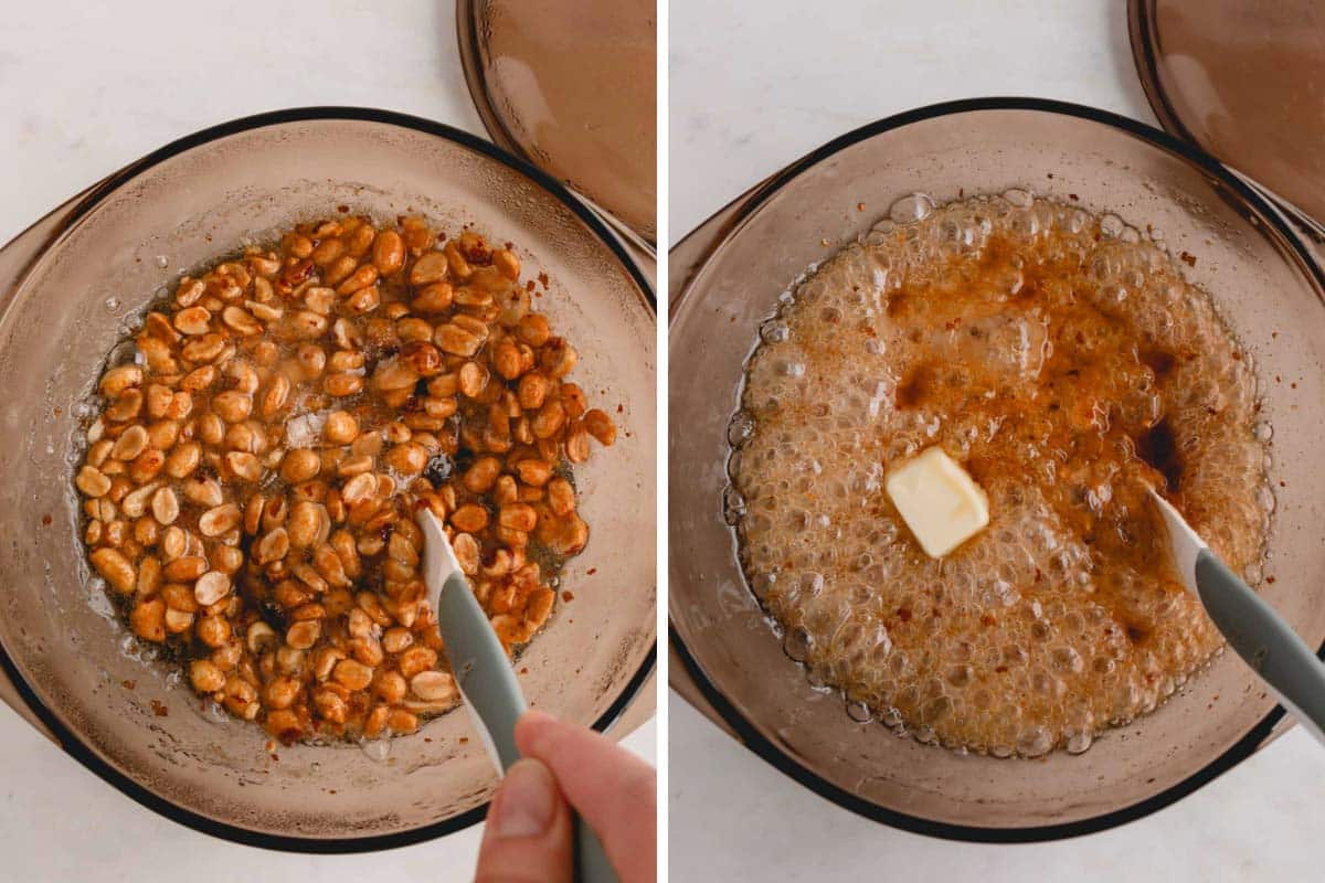 Two images showing butter being stirred with toasted peanuts.