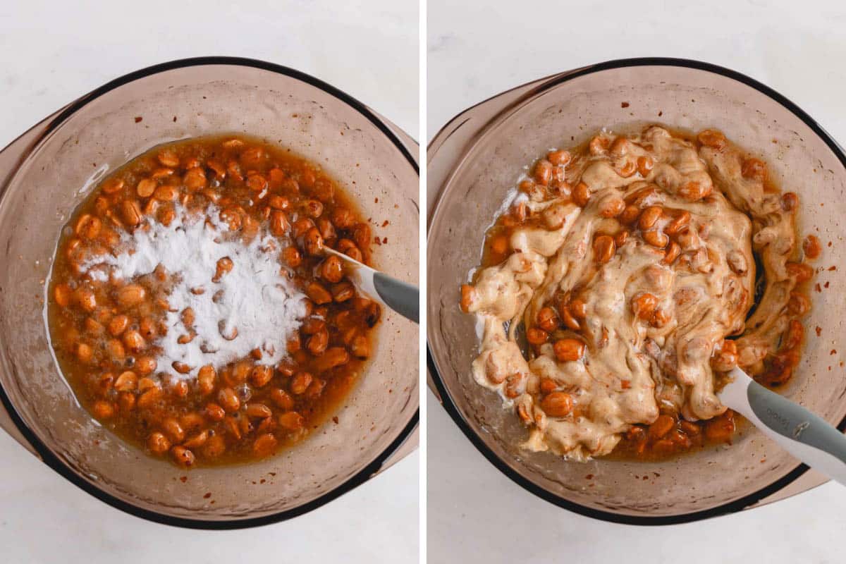 Peanut brittle ingredients being stirred in a bowl.