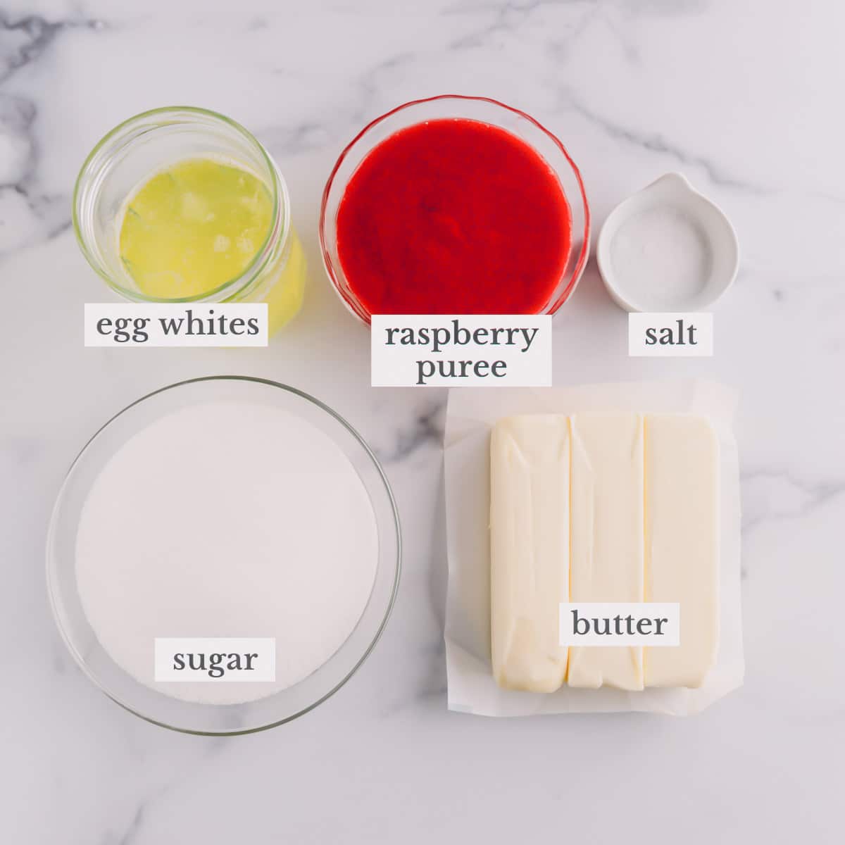 Egg whites, raspberry puree, salt, butter, and sugar to make raspberry Swiss buttercream.
