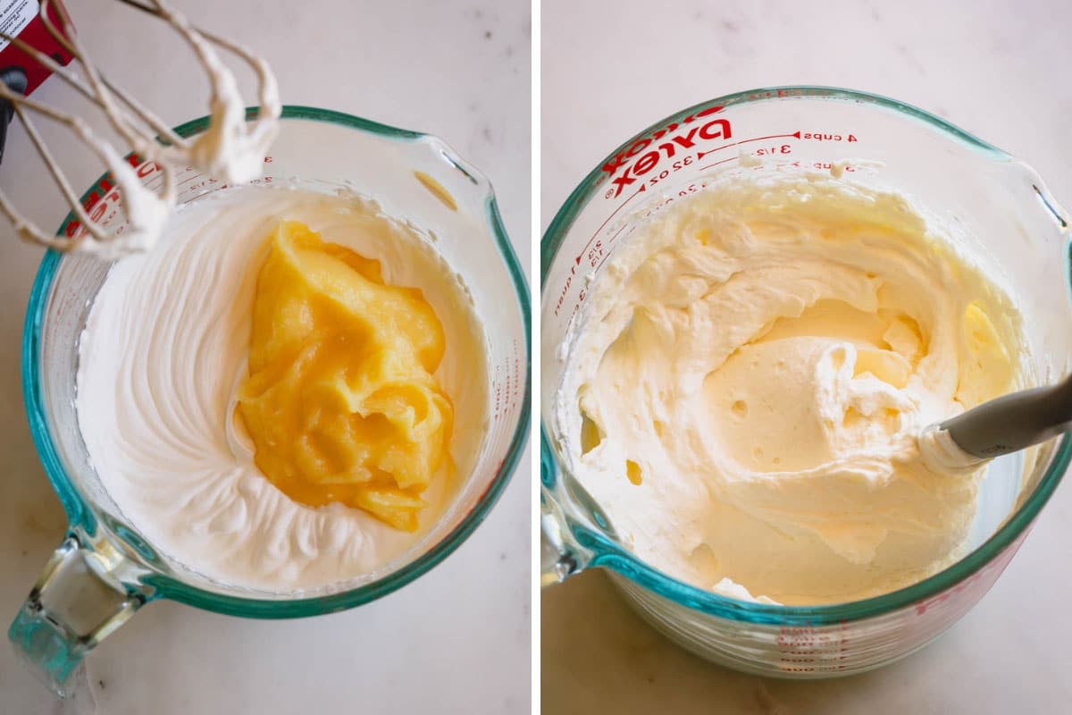 Lemon curd creme puff filling being mixed.